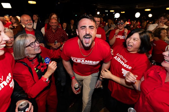 Labor supporters celebrate as they watch the results come in at the Canterbury-Hurlstone Park RSL Club in Sydney.