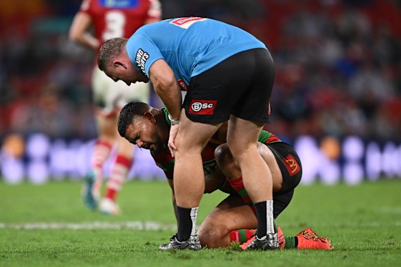 Latrell Mitchell needed attention from a South Sydney trainer against the Dolphins.