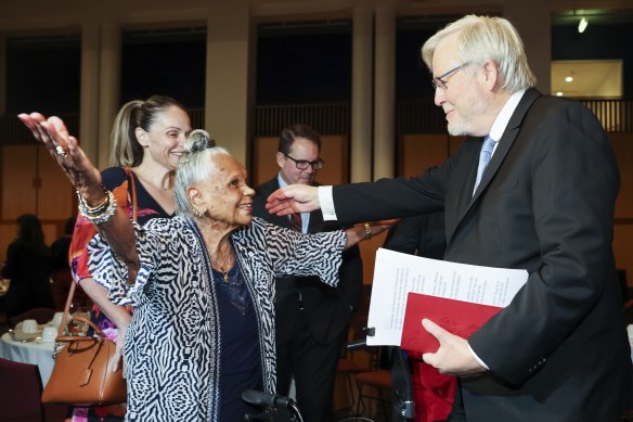 Arabana elder Aunty Martha Watts embraces former prime minister Kevin Rudd on the 15th anniversary of the National Apology to the Stolen Generations. 