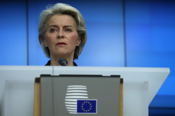 European Commission President Ursula von der Leyen announced the sanctions at a press briefing late Saturday night, Brussels time. 