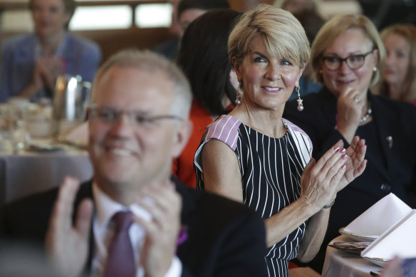 Then-prime minister Scott Morrison and Julie Bishop during the launch of International Women’s Day in 2019.  