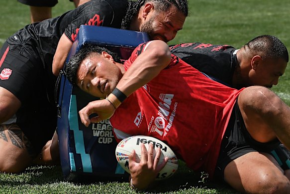 Stefano Utoikamanu rips into training at Wentworth Park on Tuesday.