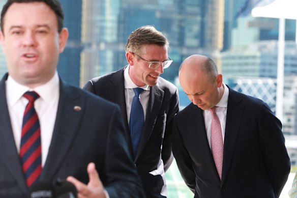 Generational shift: Perrottet with  Stuart Ayres and Treasurer Matt Kean. Ayres is the Minister for Enterprise, Investment and Trade, for Tourism and Sport, and for Western Sydney.