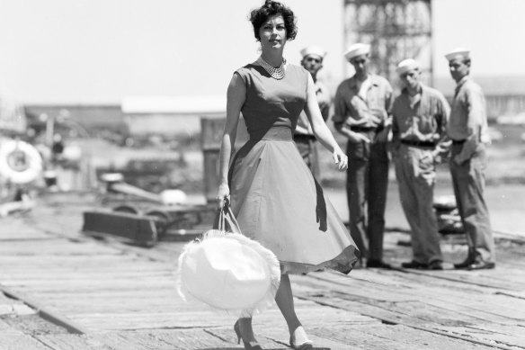 Ava Gardner on location at Gellibrand Pier, Williamstown, during filming of On the Beach in 1959.