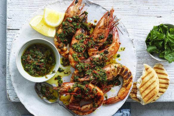 Barbecued prawns with chermoula.