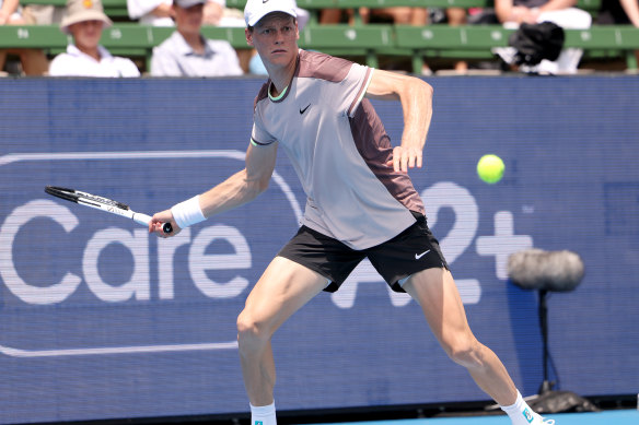 Sinner drills another forehand at Kooyong.