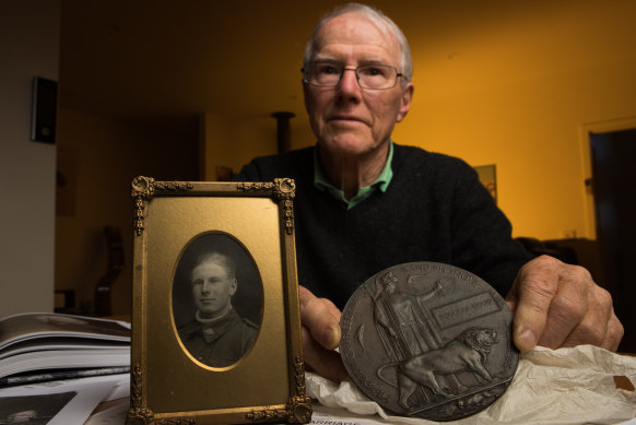 Lest we forget: Sel Glanvill, of Drysdale, Victoria, with a photo and 'dead man's penny' of his teenage uncle, Douglas Wood, who died in World War I.