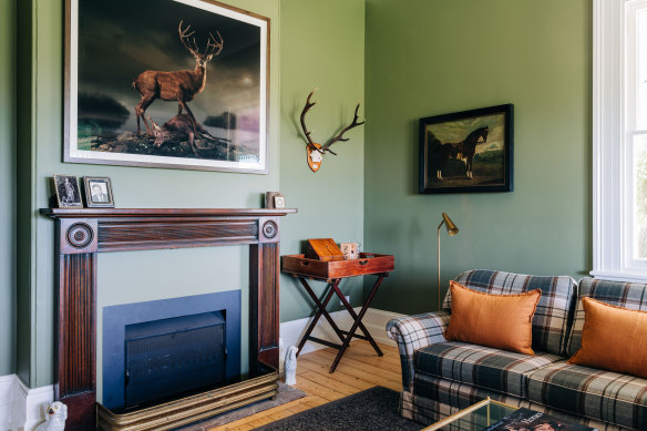 In the old homestead, circled by a wide verandah, are three spacious bedrooms with en suites, high ceilings, antiques and deep sash windows, and a study with a hunting lodge vibe.
