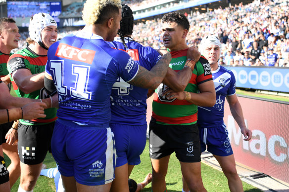 Latrell Mitchell in a confrontation with Bulldogs players.