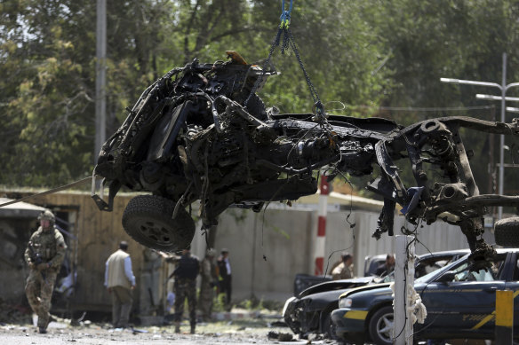 A vehicle destroyed by a car bomb explosion in Kabul, Afghanistan, on Monday.
