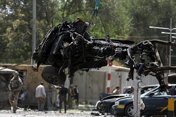 A vehicle destroyed by a car bomb explosion in Kabul, Afghanistan, on Monday.