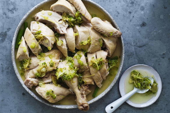 White cut chicken with spring-onion oil.
