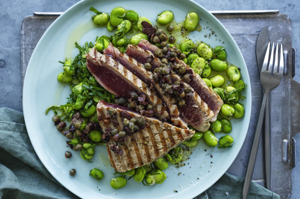Tuna steaks with broad beans and tapenade.