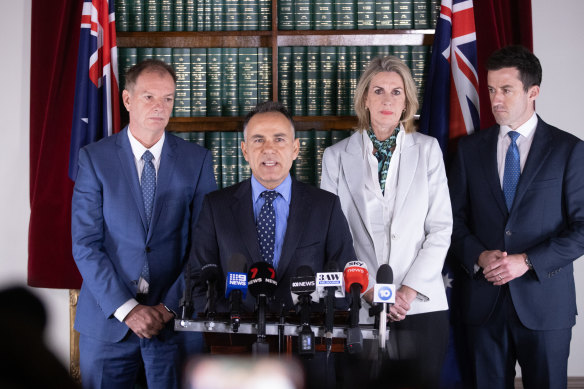 Opposition Leader John Pesutto on Monday with his leadership team, from left: David Southwick, Georgie Crozier and Matt Bach.