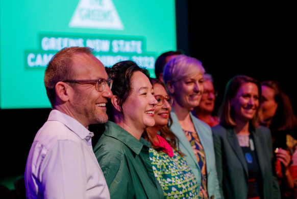 Greens federal leader Adam Bandt, with candidates including Jenny Leong and Cate Faehrmann at the party’s launch in Sydney.
