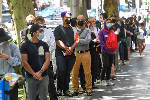 Melburnians queue for testing on Russell Street in the CBD on Monday.