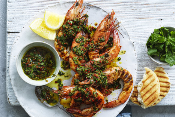 Barbecued prawns with chermoula.
