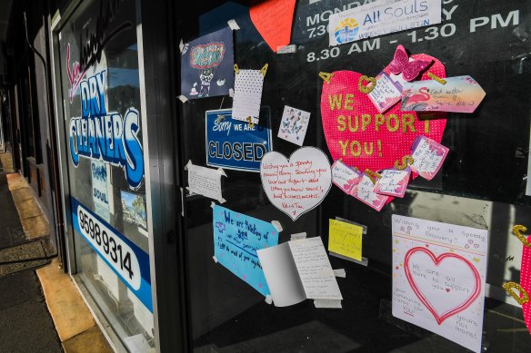 Messages of support at a dry cleaners in Sandringham, in Melbourne’s south-east.