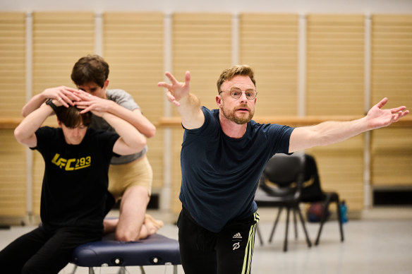 Choreographer Christopher Wheeldon during rehearsals with dancers Joseph Caley and Adam Elmes.