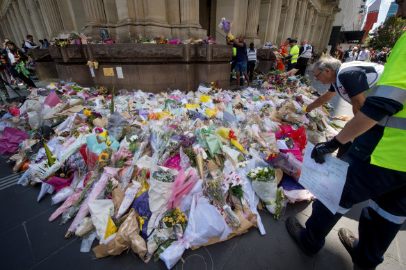A sea of tributes left for victims of the Bourke Street massacre in 2017.