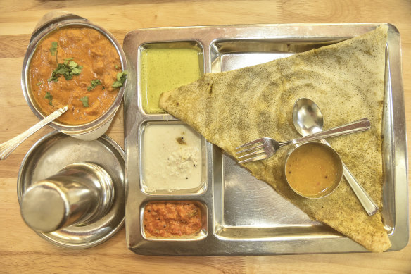 The palak [spinach] dosa from Saravanaa Bhavan in Kuala Lumpur’s little India. 