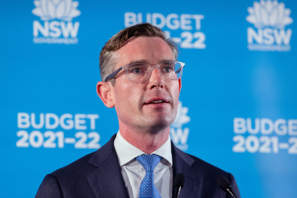 NSW Treasurer Dominic Perrottet during a press conference at the 2021 NSW budget. 