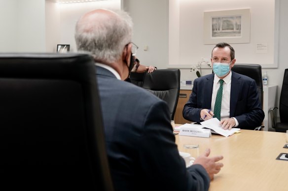 Prime Minister Scott Morrison holds a meeting with Western Australian Premier Mark McGowan at his office in Perth.