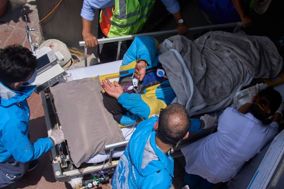 Dawa Sherpa arrives for treatment at HAMS Hospital in Kathmandu on Thursday.