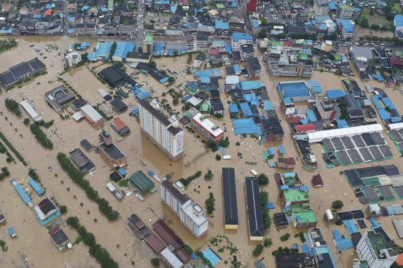 A village area is flooded due to heavy rain in Gurye, South Korea. 
