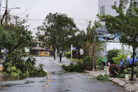 Strong winds brought down tree branches on a deserted street in Da Nang, Vietnam, as typhoon Molave approached on Wednesday.