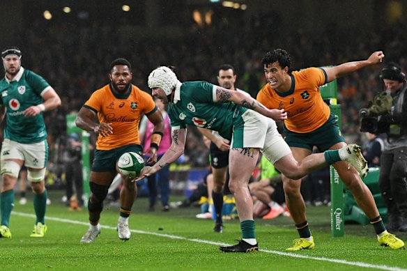Mack Hansen in action for Ireland against Australia.