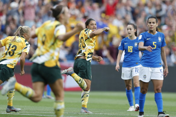 Sam Kerr celebrates one of Australia's goals in the 2019 World Cup match against Brazil.