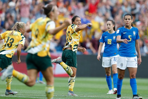 Sam Kerr celebrates one of Australia's goals in the 2019 World Cup match against Brazil.