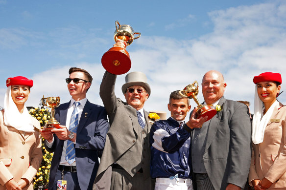 Irish trainer Joseph O'Brien, Australian owner Lloyd Williams and Australian jockey Corey Brown combine to win the 2017 Cup with Rekindling.