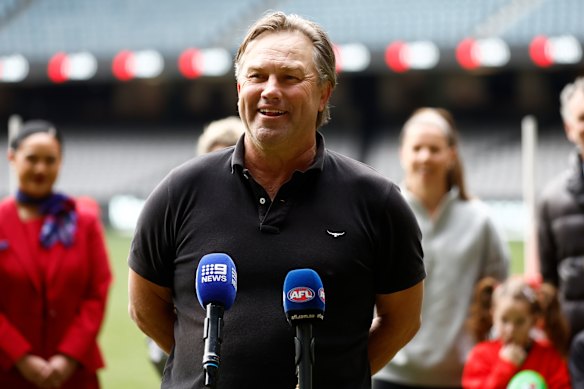 Tony Modra speaks with media in 2024 about the AFL’s mark and goal of the year, which he’ll be forever linked to.