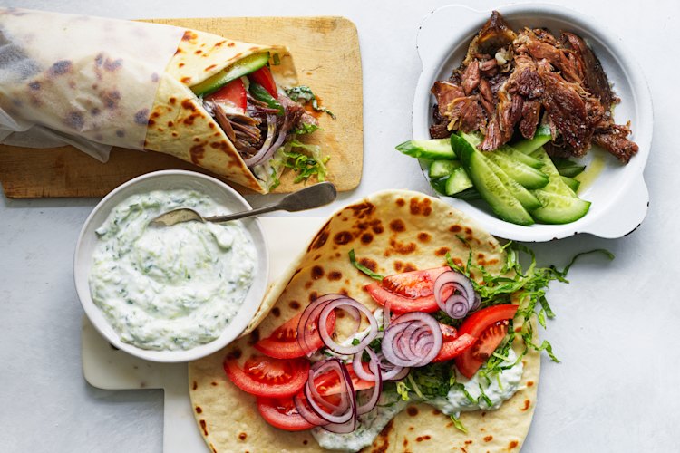 RecipeTin Eats’ pulled lamb gyros.