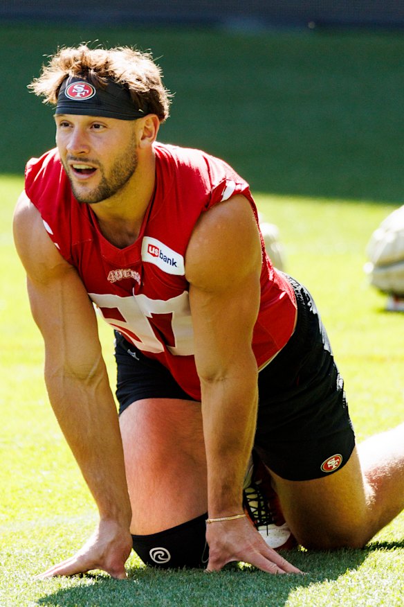 San Francisco linesman Nick Bosa stretches at AAMI Park on Wednesday.