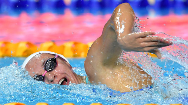 On her own: Ariarne Titmus streaks clear in the 400m freestyle.