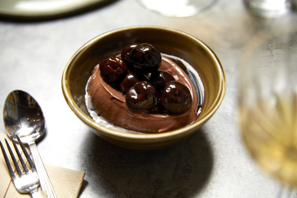 Chocolate sorbet with brandied cherries.
