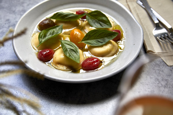 Go-to dish: Ricotta ravioli with tomato broth and basil.