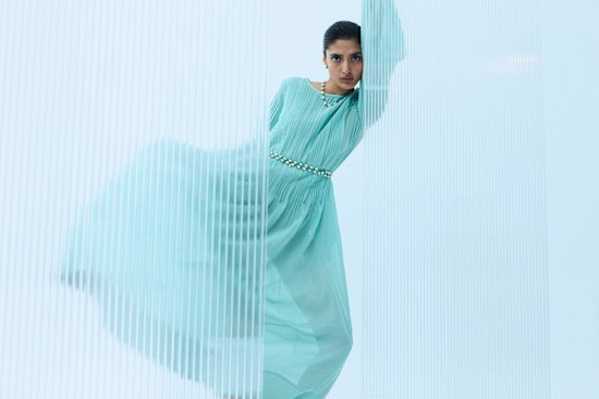 Lee Mathews “Skye” maxi dress, $949. Lucy Folk jewellery (worn throughout). Senso “Clarissa” shoes, $249 (worn throughout).