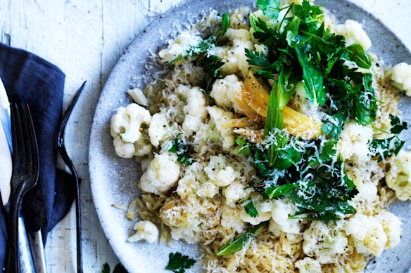 Risoni with cauliflower and preserved lemon. 