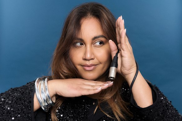 Jessica Mauboy wears Zara top. Dinosaur Designs jewellery (worn throughout).