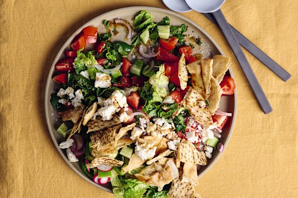 Lebanese fattoush meets Greek salad in this sunny summer dish.