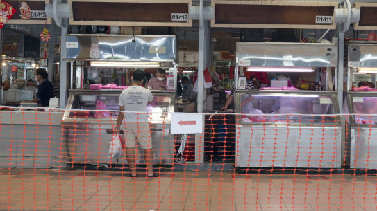 The near-deserted market in the Ang Mo Kio area of Singapore