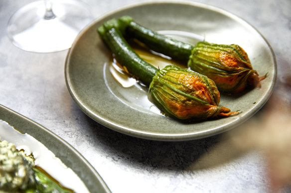 Zucchini flowers filled with scallop and ’nduja mousse.