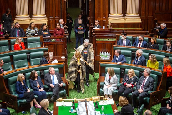Co-chairs of the First Nations Peoples’ Assembly Aunty Geraldine Atkinson and Marcus Stewart are introduced to parliament.