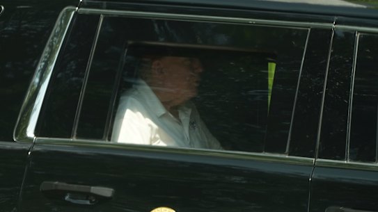 US President Donald Trump departs Trump National Golf Club in Virginia on Saturday.