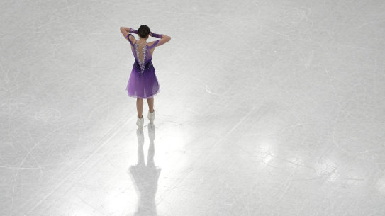 Kamila Valieva, of the Russian Olympic Committee, reacts after performing her routine in the women’s short program during the figure skating at the 2022 Winter Olympics on Tuesday.