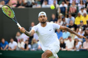 Nick Kyrgios plays a forehand against Paul Jubb of Great Britain during their Men’s Singles First Round Match at Wimbledon.